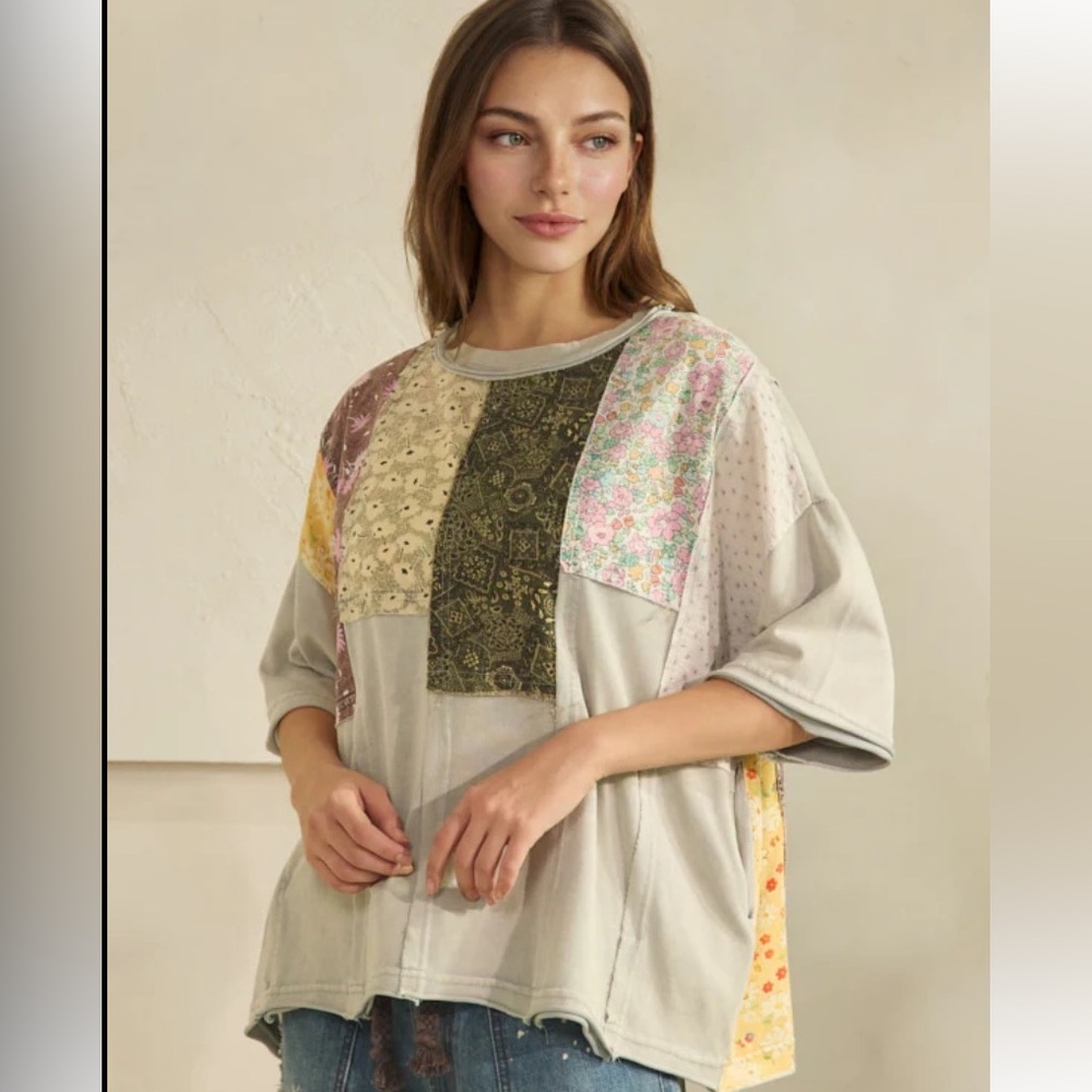 Oli & Hali Patchwork Oversized Top in Gray, Green, Pink, Yellow